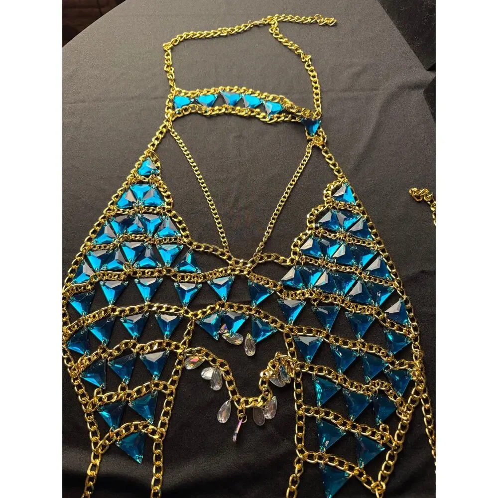 Rhinestone body chain bra, statement accessory bikini harness top body jewelry